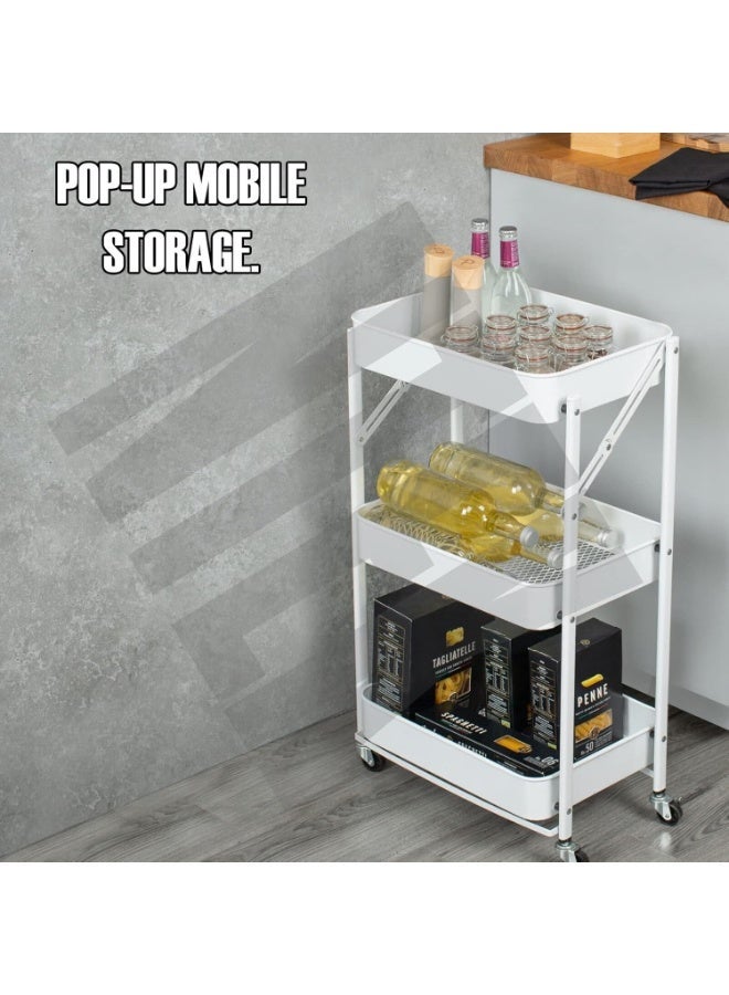 NAMA White 3 Tier Foldable Storage Trolley Cart | Foldable Rolling Carts | Trolley with Locking Wheels - Image 5